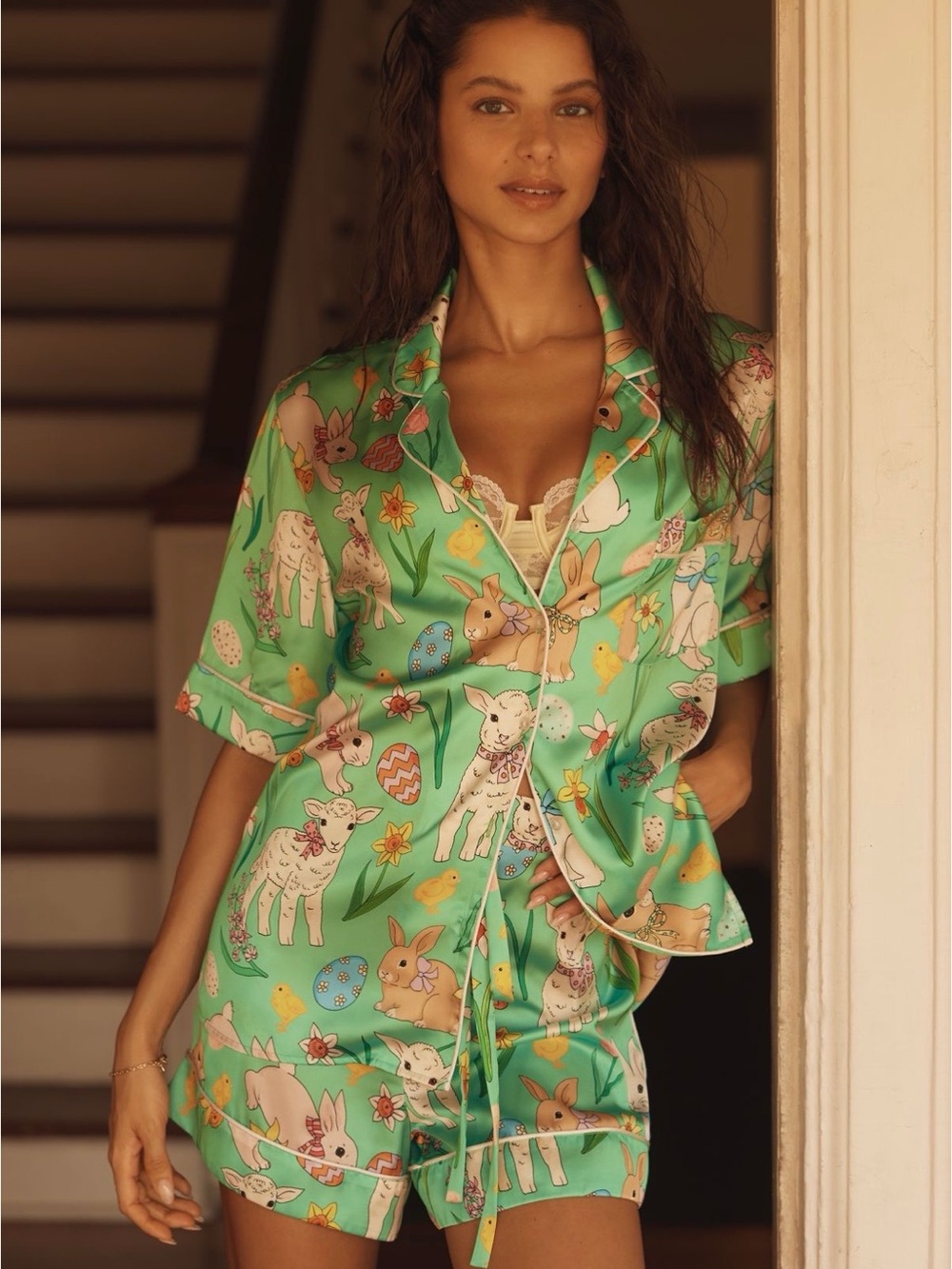 Green Easter Animal Print Satin Pajama Set